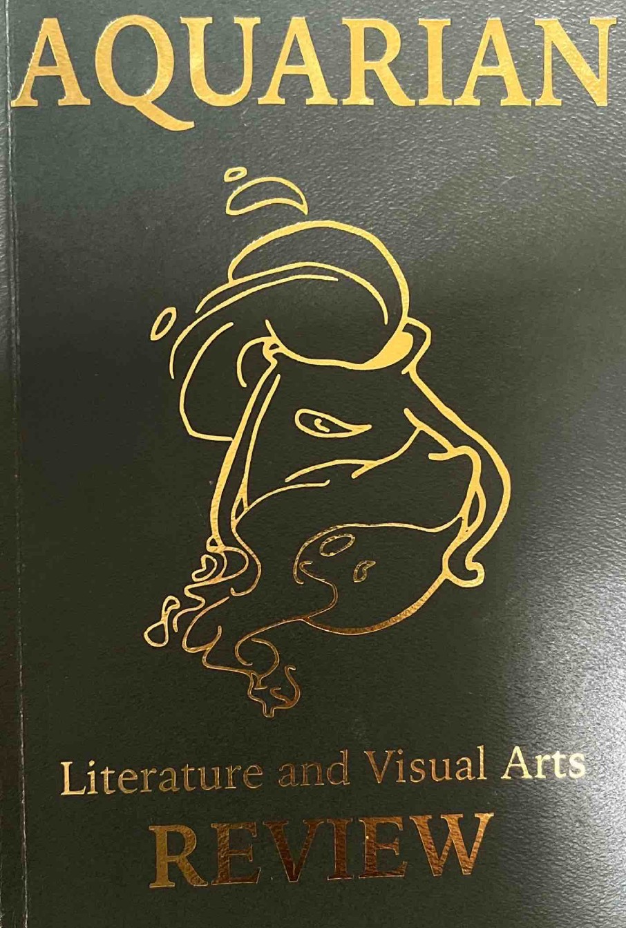 2019 Cover The 2019 cover. It is solid green with shiny gold details. The Title is: Aquarian Review. The subtitle is Literature and Visual Arts. In the center is a gold icon that is a water pitcher, with flowing water around it