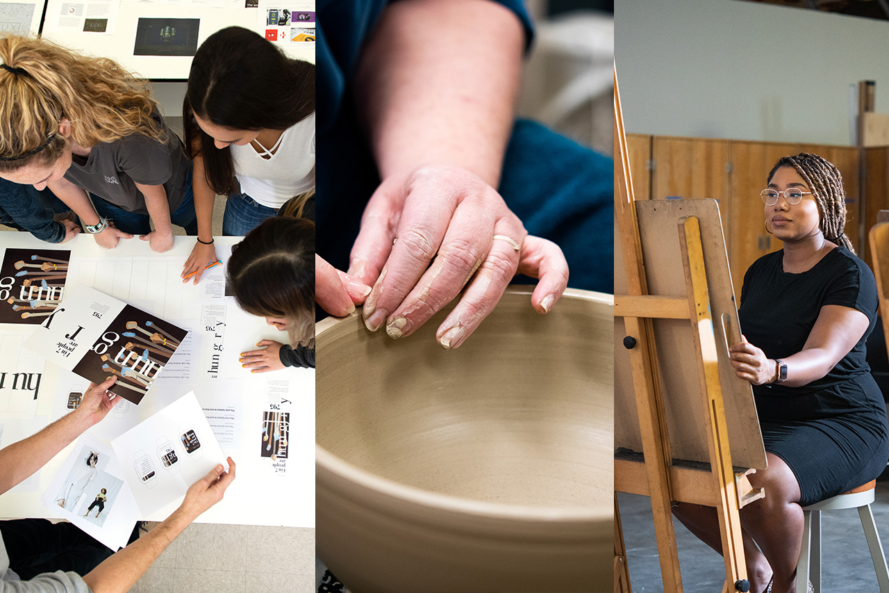 Students working on a graphic design, a professor sculpting a bowl, and a student at a drawing easel.